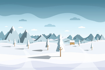 Winter landscape - vector. Field and trees covered with snow with frozen cabin and mountains on background.