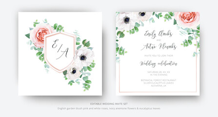 Vector, editable, elegant wedding invite, floral invitation, save the date card template design. Watercolor pink garden rose flowers, ivory anemone, eucalyptus branches, greenery, leaves bouquet frame