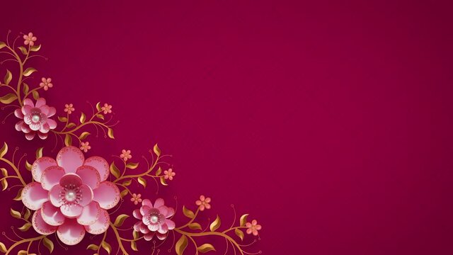 Happy Chinese New Year dynamic corner frame background. Paper cut craft style Asian art. Pink flowers with peals in centre, golden branches. Traditional Spring festival Lunar year decoration 3D Render