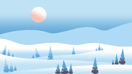 Fototapeta na wymiar Panoramic winter landscape with waves. Pink sun, white clouds and pastel blue sky. Snowy mountains and hills. Fir trees. Gradient background. Nature and ecology. For social media, post cards, posters