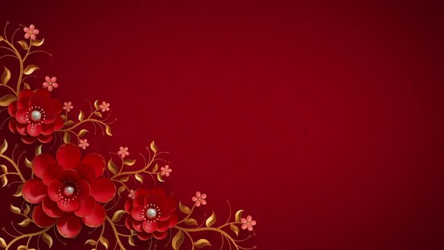 Happy Chinese New Year dynamic corner frame background. Paper cut craft style Asian art. Red flowers with peals in centre, golden branches. Traditional Spring festival Lunar year decoration. 3D Render