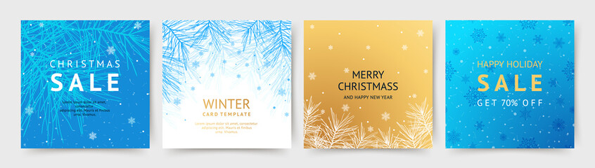 Winter holidays square templates. Sale social media post frame. Merry Christmas and Happy New Year set of backgrounds, greeting cards, posters, covers. Vector illustration