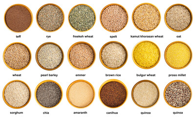 set of various cereal grains in bowls with names