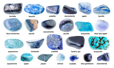 various tumbled blue rocks with names cutout