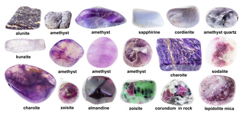 set of various tumbled purple stones with names