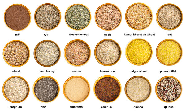 set of various cereal grains in bowls with names