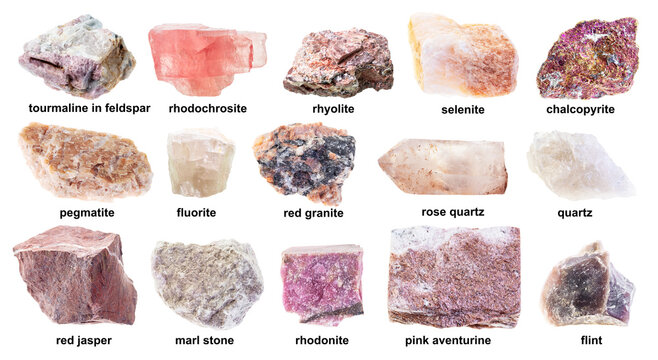 set of various unpolished pink rocks with names