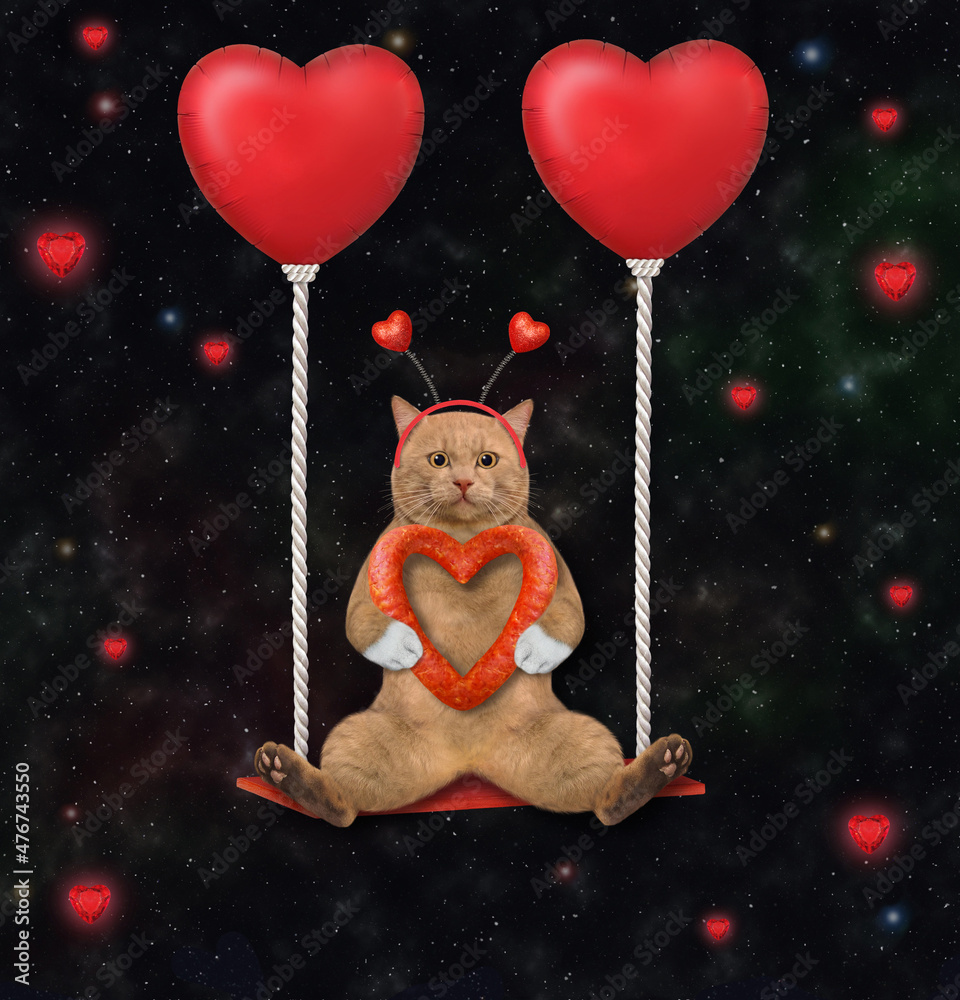 Wall mural a reddish cat with a sausage is swinging on red heart shaped balloons on the star night sky.