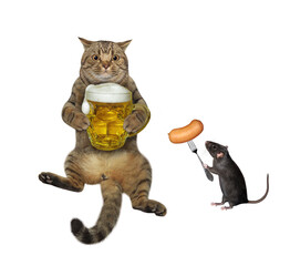 Fototapeta na wymiar A beige cat with a mug of beer is sitting near a black rat with a sausage.
