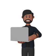 3d rendering  man character with laptop	