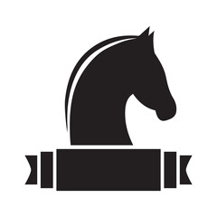 The horse head icon and the flag for the inscription. A symbol of horse meat products, equestrian sports, chess and others. Vector image isolated on a white background for design and web.