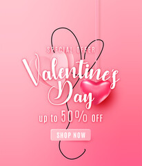 Happy valentines day greeting background in papercut realistic style. Flying realistic heart on string. Continuous line balloon. Pink banner offer sale. Calligraphy words text sign on the center