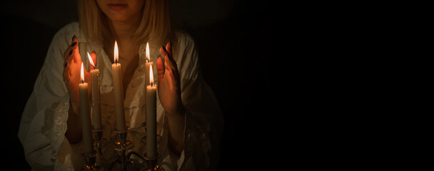 Magical candles for rituals and fate prediction, details of magic, occultism concept - obrazy, fototapety, plakaty