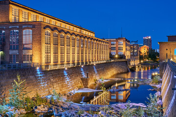 Tampere by Night view whit historical brick buildings  - obrazy, fototapety, plakaty