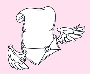 flying on wings open paper envelope with letter, mail with a paper, hand drawn outline vector illustration