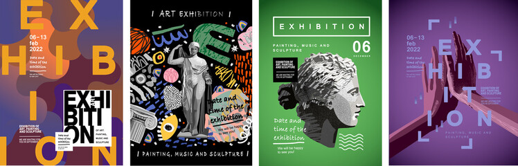 Art posters for the exhibition of classical and contemporary painting, sculpture and music. Hand illustrations, plaster bust, statues and abstract shapes, spots and lines. Drawings for poster. - obrazy, fototapety, plakaty