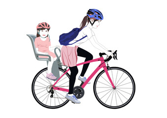 Fototapeta premium 自転車に乗る母親と娘イラスト