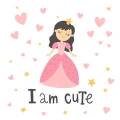 vector cute princess and lettering text card
