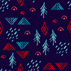 New Year's pattern. Christmas trees, geometric shapes, snow. Abstract, brush strokes. Freehand drawing. Illustration for New Year's packaging, prints, backgrounds.
