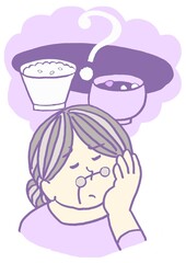 認知症　食事の内容が思い出せない高齢女性　シンプル