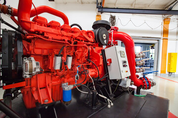 Fototapeta premium Diesel water pump for fire truck. Special machine production factory. Uralsk, Kazakhstan.