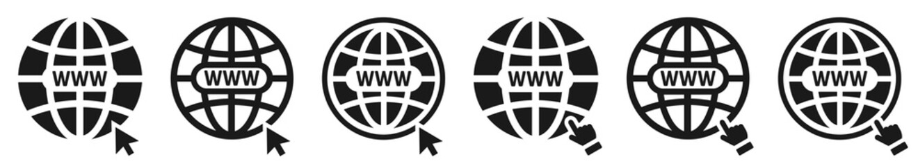 Set of website icons. WWW symbol with arrow or hand cursor. World web sign. Vector illustration.