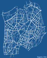 Detailed technical drawing navigation urban street roads map on blue background of the quarter Sagene Borough of the Norwegian capital city of Oslo, Norway