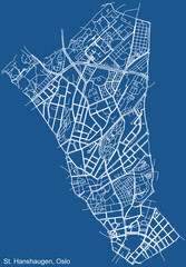 Detailed technical drawing navigation urban street roads map on blue background of the quarter St. Hanshaugen Borough of the Norwegian capital city of Oslo, Norway