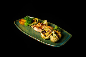 Delicious Contemporary Classic Food Dish Plate Menu Lunch Dinner Gourmet Dessert Chef Pasta Shrimp Cocktail Drink on Dark Background