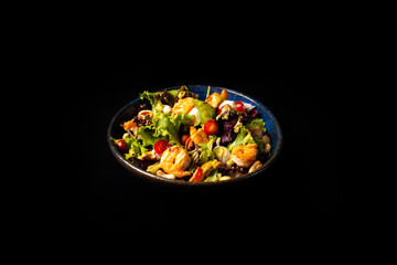 Delicious Contemporary Classic Food Dish Plate Menu Lunch Dinner Gourmet Dessert Chef Pasta Shrimp Cocktail Drink on Dark Background