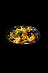 Delicious Contemporary Classic Food Dish Plate Menu Lunch Dinner Gourmet Dessert Chef Pasta Shrimp Cocktail Drink on Dark Background