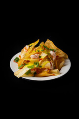 Delicious Contemporary Classic Food Dish Plate Menu Lunch Dinner Gourmet Dessert Chef Pasta Shrimp Cocktail Drink on Dark Background