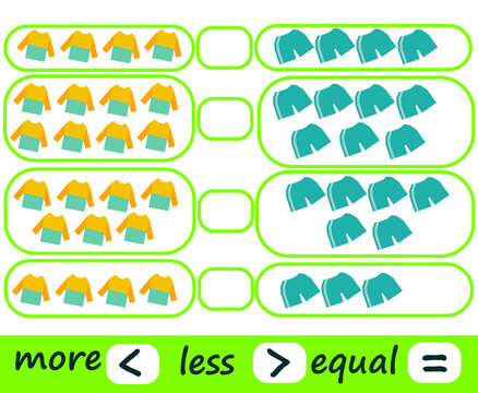 Educational game for children. Mathematical game. Bigger, less or equal.