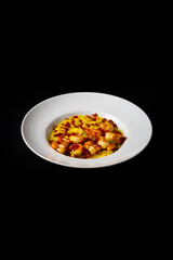 Delicious Contemporary Classic Food Dish Plate Menu Lunch Dinner Gourmet Dessert Chef Pasta Shrimp Cocktail Drink on Dark Background