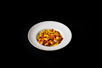 Delicious Contemporary Classic Food Dish Plate Menu Lunch Dinner Gourmet Dessert Chef Pasta Shrimp Cocktail Drink on Dark Background