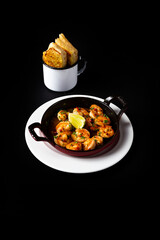 Delicious Contemporary Classic Food Dish Plate Menu Lunch Dinner Gourmet Dessert Chef Pasta Shrimp Cocktail Drink on Dark Background