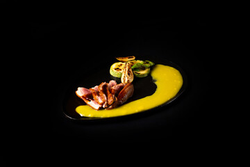 Delicious Contemporary Classic Food Dish Plate Menu Lunch Dinner Gourmet Dessert Chef Pasta Shrimp Cocktail Drink on Dark Background