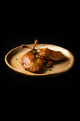 Delicious Contemporary Classic Food Dish Plate Menu Lunch Dinner Gourmet Dessert Chef Pasta Shrimp Cocktail Drink on Dark Background