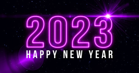 Motion of happy new year on star space wiggle background pattern. New year 2023 fire line celebration on star movement abstract backgrounds