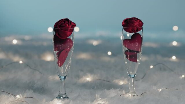 calici di Champagne per san Valentino su tappeto sfondo bianco