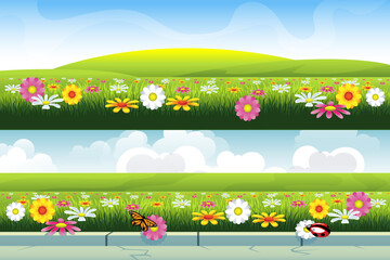 Flowers in the field. Set of two vector wide banners.