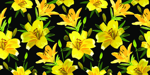Yellow lily flowers vector seamless pattern