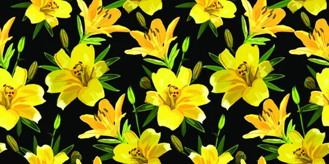 Foto op Plexiglas Geel Gele lelie bloemen vector naadloze patroon