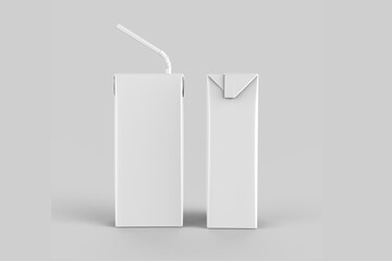 Juice or milk carton box with drinking straw mockup isolated on a grey background. 3d rendering. © Leyla