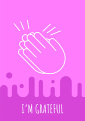 I am grateful postcard with linear glyph icon. Gratitude and thanks. Greeting card with decorative vector design. Simple style poster with creative lineart illustration. Flyer with holiday wish