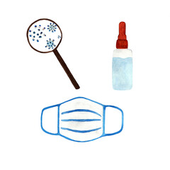 Mask and antiseptic to fight viruses, lupai virus. Watercolor on a white background.