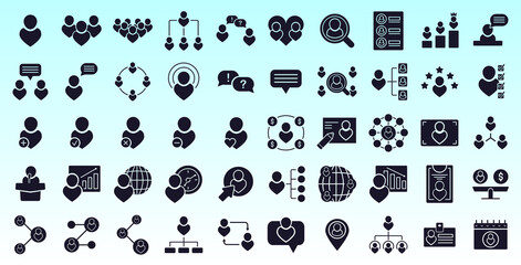 Web icons for mobile apps, social network, websites, dating, etc. 50 icons in solid style for UI design. Business, finance, team, contact, office, commerce banking, social, audit, chat symbols. EPS 10