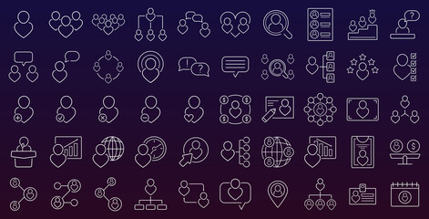 50 line icons for social network, mobile apps, websites, dating, etc. Web icons for UI design. Business, finance, team, contact, office, commerce banking, social, audit, chat symbols. Vector EPS 10