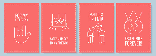 Friendship postcard with linear glyph icon set. Relation with friend. Greeting card with decorative vector design. Simple style poster with creative lineart illustration. Flyer with holiday wish