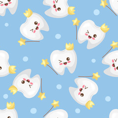 Kawaii smiling happy teeth with crown characters. First tooth fairy concept. Adorable vector illustration. Light blue background for tablecloth, fabric, wrapping paper, boy party. Seamless pattern.